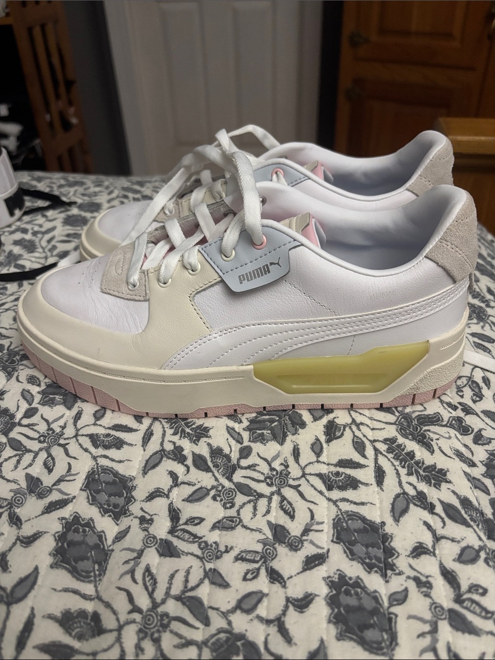 Puma White Sneakers with Pink and Pale Yellow Accents